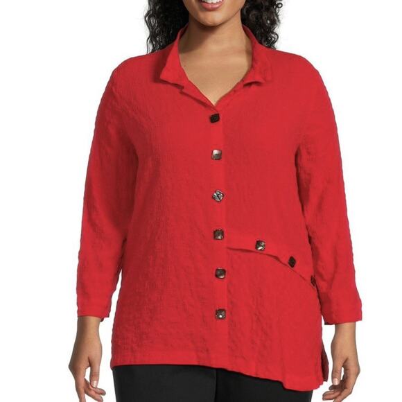 Ali Miles Red Textured Lagenlook Tunic Buttons Wired Collar NEW Plus Size 2X - Picture 1 of 8